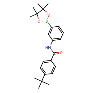 Chemical structure of 4-(tert-butyl)-N-(3-(4,4,5,5-tetramethyl-1,3,2-dioxaborolan-2-yl)phenyl)benzamide , CAS 1147530-76-4, AChemBlock X210325