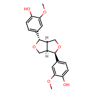 Chemical structure of 4,4'-((1R,3aR,4S,6aR)-tetrahydro-1H,3H-furo[3,4-c]furan-1,4-diyl)bis(2-methoxyphenol) , CAS 24404-50-0, AChemBlock X210328