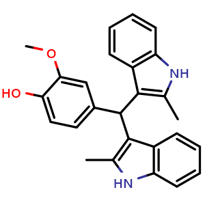 Chemical structure of 4-[Bis(2-methyl-1H-indol-3-yl)methyl]-2-methoxyphenol , CAS 342594-80-3, AChemBlock X210365