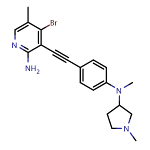 Chemical structure of 4-Bromo-5-methyl-3-[[4-[methyl(1-methyl-3-pyrrolidinyl)amino]phenyl]ethynyl]pyridin-2-amine , AChemBlock X210388