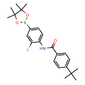 Chemical structure of 4-tert-butyl-N-(2-fluoro-4-(4,4,5,5-tetramethyl-1,3,2-dioxaborolan-2-yl)phenyl)benzamide , CAS 2235408-81-6, AChemBlock X210444