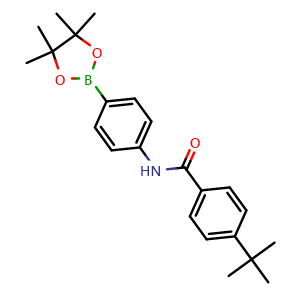 Chemical structure of 4-tert-butyl-N-(4-(4,4,5,5-tetramethyl-1,3,2-dioxaborolan-2-yl)phenyl)benzamide , CAS 1872388-26-5, AChemBlock X210445