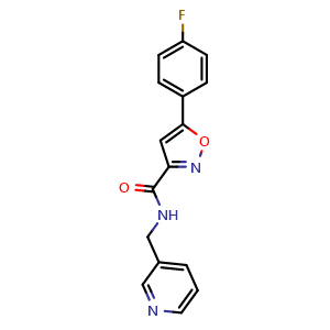 Chemical structure of 5-(4-fluorophenyl)-N-(pyridin-3-ylmethyl)isoxazole-3-carboxamide , CAS 912784-61-3, AChemBlock X210454