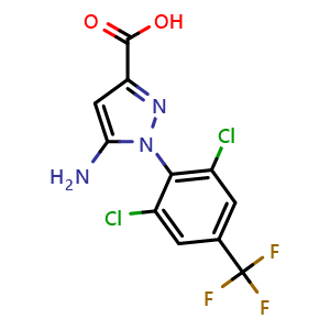 Chemical structure of 5-Amino-1-(2,6-dichloro-4-(trifluoromethyl)phenyl)-1H-pyrazole-3-carboxylic acid , CAS 855999-83-6, AChemBlock X210468