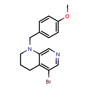 Chemical structure of 5-bromo-1-[(4-methoxyphenyl)methyl]-3,4-dihydro-2H-1,7-naphthyridine , CAS 2940949-90-4, AChemBlock X210476