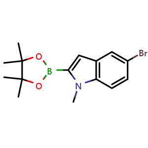 Chemical structure of 5-bromo-1-methyl-2-(4,4,5,5-tetramethyl-1,3,2-dioxaborolan-2-yl)indole , CAS 1192037-87-8, AChemBlock X210477