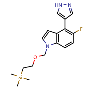Chemical structure of 5-fluoro-4-(1H-pyrazol-4-yl)-1-((2-(trimethylsilyl)ethoxy)methyl)-1H-indole , CAS 2703451-72-1, AChemBlock X210504