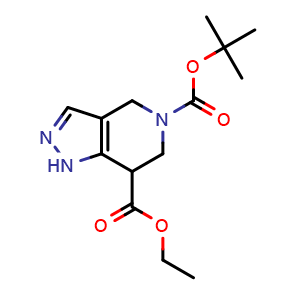 Chemical structure of 5-tert-butyl 7-ethyl 6,7-dihydro-1h-pyrazolo[4,3-c]pyridine-5,7(4h)-dicarboxylate , CAS 1000994-24-0, AChemBlock X210518