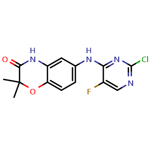 Chemical structure of 6-((2-chloro-5-fluoropyrimidin-4-yl)amino)-2,2-dimethyl-2H-benzo[b][1,4]oxazin-3(4H)-one , CAS 575473-90-4, AChemBlock X210520