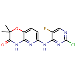 Chemical structure of 6-(2-chloro-5-fluoropyrimidin-4-ylamino)-2,2-dimethyl-2H-pyrido[3,2-b][1,4]oxazin-3(4H)-one , CAS 575484-83-2, AChemBlock X210521