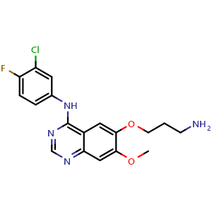 Chemical structure of 6-(3-aminopropoxy)-N-(3-chloro-4-fluorophenyl)-7-methoxyquinazolin-4-amine , CAS 655247-75-9, AChemBlock X210524