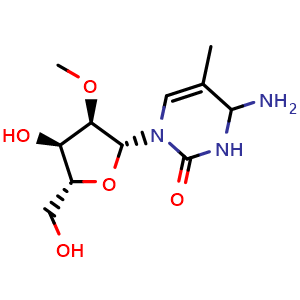 Chemical structure of 6-amino-3-((2R,3R,4R,5R)-4-hydroxy-5-(hydroxymethyl)-3-methoxytetrahydrofuran-2-yl)-5-methyl-3l4-pyrimidin-2(1H)-one , CAS 113886-70-7, AChemBlock X210535