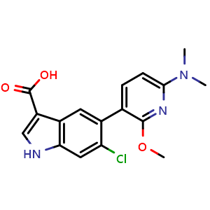 Chemical structure of 6-chloro-5-(6-(dimethylamino)-2-methoxypyridin-3-yl)-1H-indole-3-carboxylic acid , CAS 1467059-70-6, AChemBlock X210562