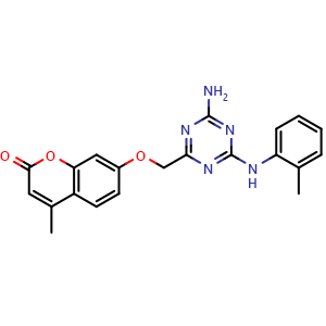 Chemical structure of 7-((4-amino-6-(o-tolylamino)-1,3,5-triazin-2-yl)methoxy)-4-methyl-2H-chromen-2-one , CAS 474432-66-1, AChemBlock X210574