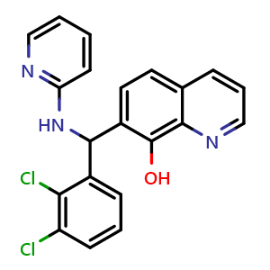 Chemical structure of 7-[(2,3-Dichlorophenyl)(pyridin-2-ylamino)methyl]quinolin-8-ol , CAS 352693-80-2, AChemBlock X210577