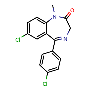 Chemical structure of 7-chloro-5-(4-chlorophenyl)-1-methyl-1,3-dihydro-2H-benzo[e][1,4]diazepin-2-one , CAS 14439-61-3, AChemBlock X210595