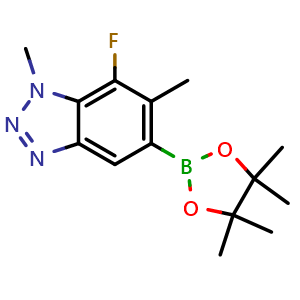 Chemical structure of 7-fluoro-1,6-dimethyl-5-(4,4,5,5-tetramethyl-1,3,2-dioxaborolan-2-yl)benzotriazole , AChemBlock X210598