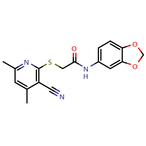 Chemical structure of N-(benzo[d][1,3]dioxol-5-yl)-2-((3-cyano-4,6-dimethylpyridin-2-yl)thio)acetamide , CAS 303018-40-8, AChemBlock X210634