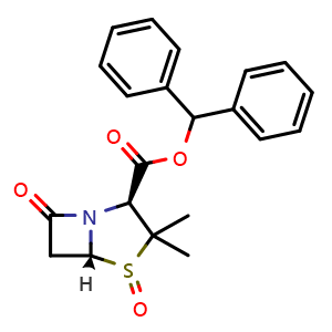 Chemical structure of benzhydryl (2S,5R)-3,3-dimethyl-7-oxo-4-thia-1-azabicyclo[3.2.0]heptane-2-carboxylate 4-oxide , CAS 87579-78-0, AChemBlock X210652