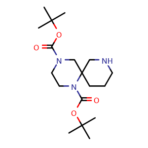Chemical structure of di-tert-butyl 1,4,8-triazaspiro[5.5]undecane-1,4-dicarboxylate , CAS 1332528-29-6, AChemBlock X210747