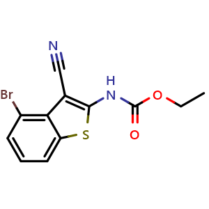 Chemical structure of ethyl (4-bromo-3-cyanobenzo[b]thiophen-2-yl)carbamate , CAS 2649788-74-7, AChemBlock X210759