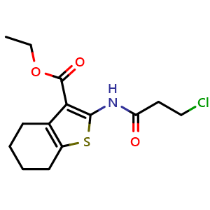 Chemical structure of ethyl 2-(3-chloropropanamido)-4,5,6,7-tetrahydrobenzo[b]thiophene-3-carboxylate , CAS 60442-45-7, AChemBlock X210774