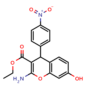 Chemical structure of ethyl 2-amino-7-hydroxy-4-(4-nitrophenyl)-4H-chromene-3-carboxylate , CAS 374102-08-6, AChemBlock X210786