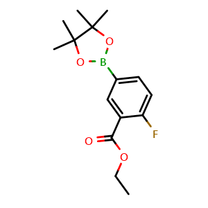 Chemical structure of ethyl 2-fluoro-5-(4,4,5,5-tetramethyl-1,3,2-dioxaborolan-2-yl)benzoate , CAS 474710-54-8, AChemBlock X210791