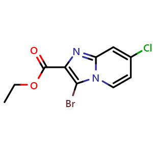 Chemical structure of ethyl 3-bromo-7-chloroimidazo[1,2-a]pyridine-2-carboxylate , CAS 1427460-50-1, AChemBlock X210804