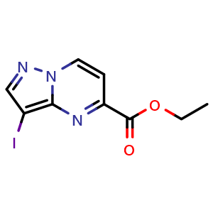 Chemical structure of ethyl 3-iodopyrazolo[1,5-a]pyrimidine-5-carboxylate , CAS 619306-84-2, AChemBlock X210808