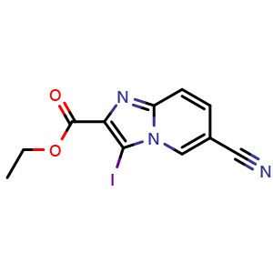 Chemical structure of ethyl 6-cyano-3-iodoimidazo[1,2-a]pyridine-2-carboxylate , CAS 885275-50-3, AChemBlock X210826