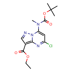 Chemical structure of ethyl 7-((tert-butoxycarbonyl)(methyl)amino)-5-chloropyrazolo[1,5-a]pyrimidine-3-carboxylate , CAS 2271470-65-4, AChemBlock X210828