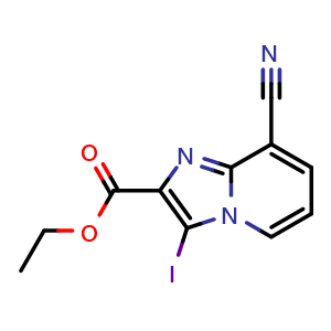 Chemical structure of ethyl 8-cyano-3-iodoimidazo[1,2-a]pyridine-2-carboxylate , CAS 885275-52-5, AChemBlock X210831