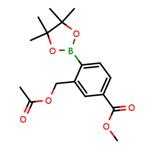 Chemical structure of methyl 3-(acetoxymethyl)-4-(4,4,5,5-tetramethyl-1,3,2-dioxaborolan-2-yl)benzoate , AChemBlock X210886