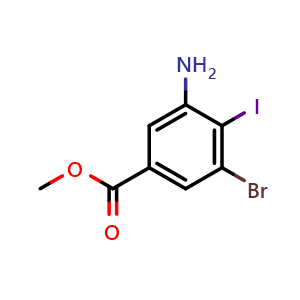 Chemical structure of methyl 3-amino-5-bromo-4-iodobenzoate , CAS 1341291-68-6, AChemBlock X210889