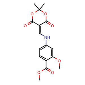 Chemical structure of methyl 4-(((2,2-dimethyl-4,6-dioxo-1,3-dioxan-5-ylidene)methyl)amino)-2-methoxybenzoate , CAS 205448-64-2, AChemBlock X210894