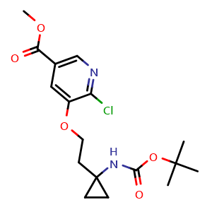 Chemical structure of methyl 5-(2-(1-((tert-butoxycarbonyl)amino)cyclopropyl)ethoxy)-6-chloronicotinate , AChemBlock X210910