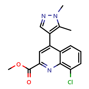 Chemical structure of methyl 8-Chloro-4-(1,5-dimethyl-4-pyrazolyl)quinoline-2-carboxylate , CAS 2939000-23-2, AChemBlock X210924