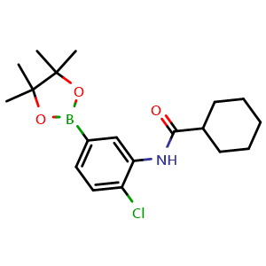 Chemical structure of N-(2-chloro-5-(4,4,5,5-tetramethyl-1,3,2-dioxaborolan-2-yl)phenyl)cyclohexanecarboxamide , CAS 2246655-25-2, AChemBlock X210956