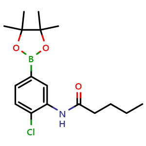 Chemical structure of N-(2-chloro-5-(4,4,5,5-tetramethyl-1,3,2-dioxaborolan-2-yl)phenyl)pentanamide , CAS 2246633-90-7, AChemBlock X210957