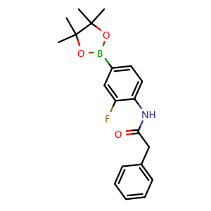 Chemical structure of N-(2-fluoro-4-(4,4,5,5-tetramethyl-1,3,2-dioxaborolan-2-yl)phenyl)-2-phenylacetamide , CAS 2103386-32-7, AChemBlock X210962