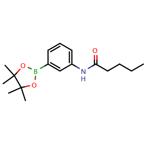 Chemical structure of N-(3-(4,4,5,5-tetramethyl-1,3,2-dioxaborolan-2-yl)phenyl)pentanamide , CAS 2246886-35-9, AChemBlock X210987
