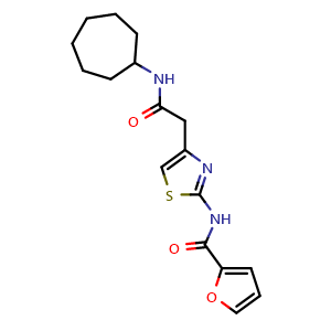 Chemical structure of N-(4-(2-(cycloheptylamino)-2-oxoethyl)thiazol-2-yl)furan-2-carboxamide , CAS 857040-20-1, AChemBlock X211003