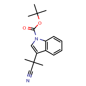 Chemical structure of tert-butyl 3-(1-cyano-1-methyl-ethyl)indole-1-carboxylate , CAS 380626-46-0, AChemBlock X211150