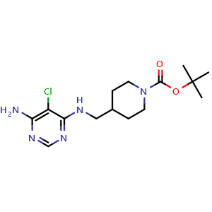 Chemical structure of tert-butyl 4-(((6-amino-5-chloropyrimidin-4-yl)amino)methyl)piperidine-1-carboxylate , CAS 1415824-86-0, AChemBlock X211168