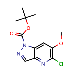 Chemical structure of tert-butyl 5-chloro-6-methoxy-pyrazolo[4,3-b]pyridine-1-carboxylate , CAS 2442597-57-9, AChemBlock X211188