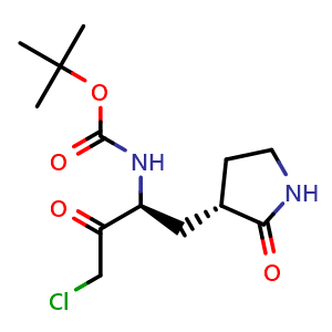 Chemical structure of tert-butyl N-[(1S)-3-chloro-2-oxo-1-[[(3S)-2-oxopyrrolidin-3-yl]methyl]propyl]carbamate , CAS 870153-92-7, AChemBlock X211213