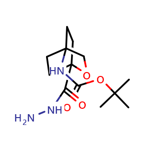 Chemical structure of tert-butyl N-[1-(hydrazinecarbonyl)-2-oxabicyclo[2.2.2]octan-4-yl]carbamate , CAS 2411631-43-9, AChemBlock X211216