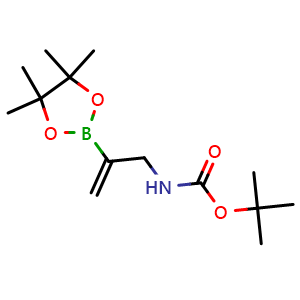 Chemical structure of tert-butyl-N-[2-(4,4,5,5-tetramethyl-1,3,2-dioxaborolan-2-yl)allyl]carbamate , CAS 1202794-01-1, AChemBlock X211223