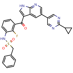 Chemical structure of N-(3-(5-(2-cyclopropylpyrimidin-5-yl)-1H-pyrrolo[2,3-b]pyridine-3-carbonyl)-2-fluorophenyl)-1-phenylmethanesulfonamide , CAS 2409139-97-3, AChemBlock X211261